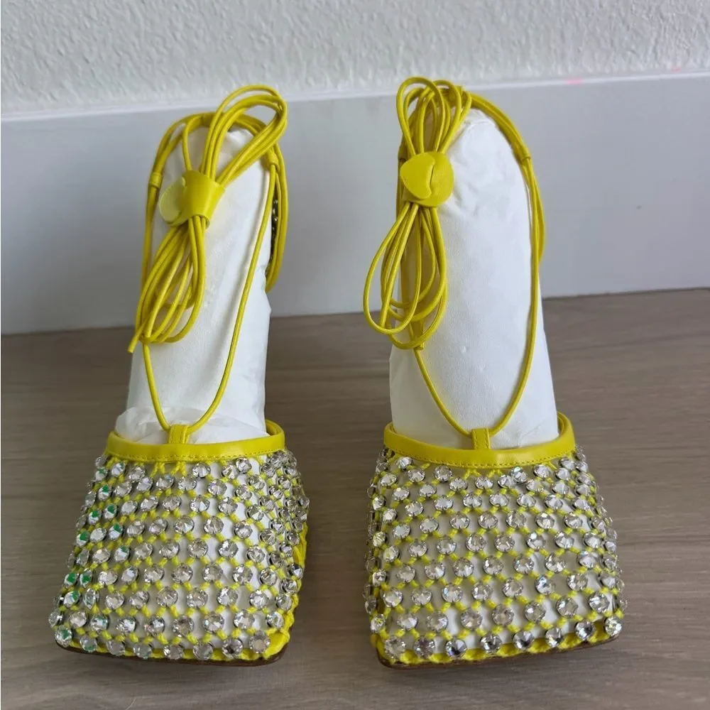 NIB BOTTEGA VENETA yellow sparkle sandal heels lace up size 38.5